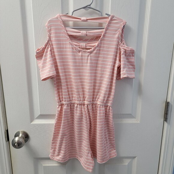 btween Striped Cold Shoulder Romper Short Sleeves Pink White Size 10 - Picture 3 of 15